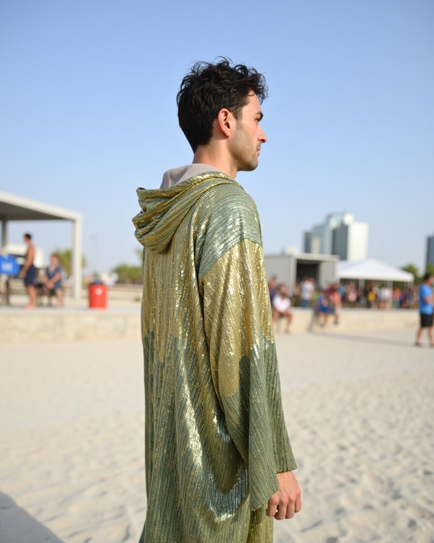 Kimono_Gold_Green_12 Sage Gold Mirage Hooded Kimono by Byndwear featuring sage green and champagne gold sequins