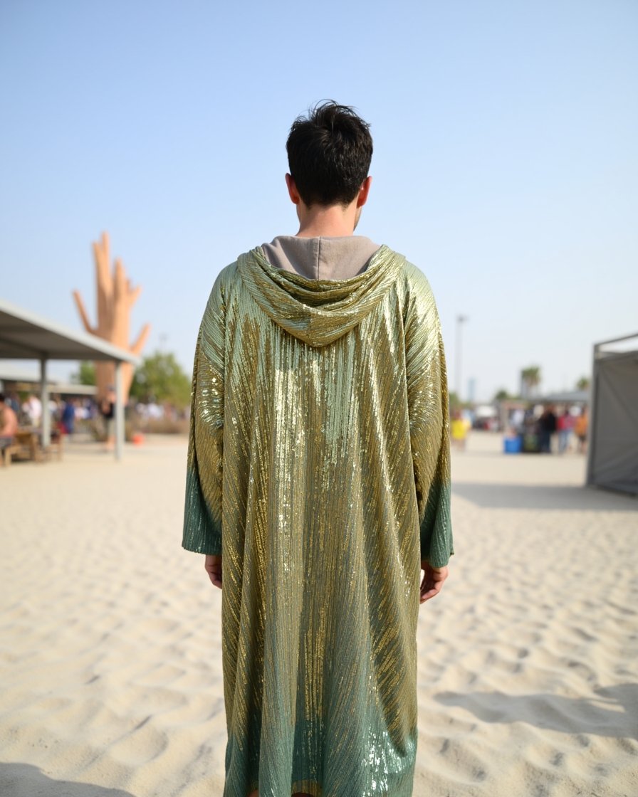 Kimono_Gold_Green_3 Sage Gold Mirage Hooded Kimono by Byndwear featuring sage green and champagne gold sequins