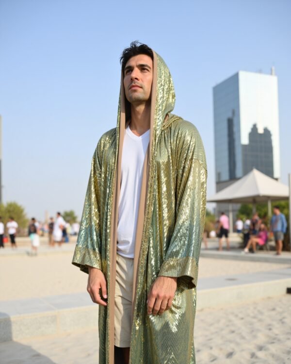 Sage Gold Mirage Hooded Kimono by Byndwear featuring sage green and champagne gold sequins