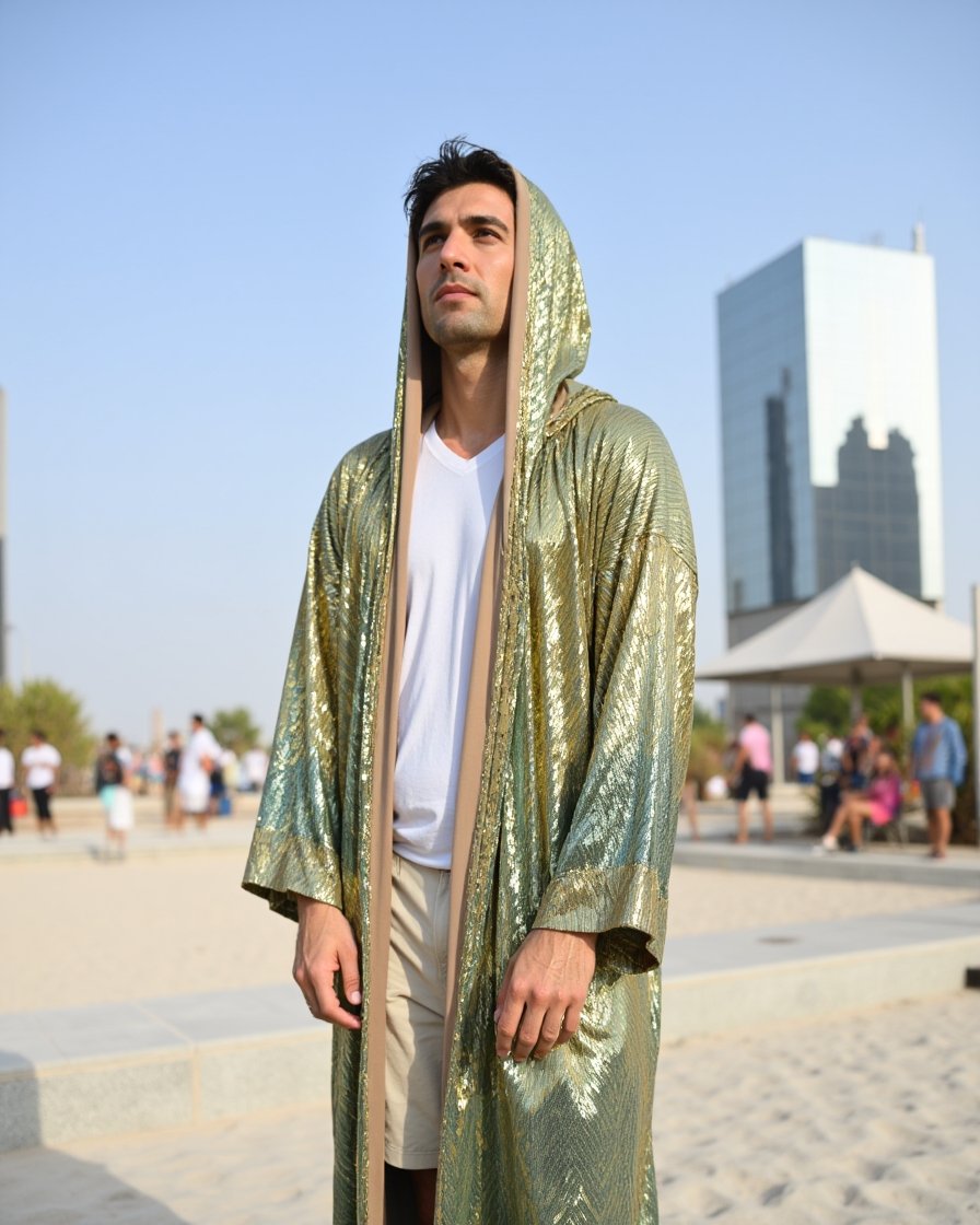 Sage Gold Mirage Hooded Kimono by Byndwear featuring sage green and champagne gold sequins