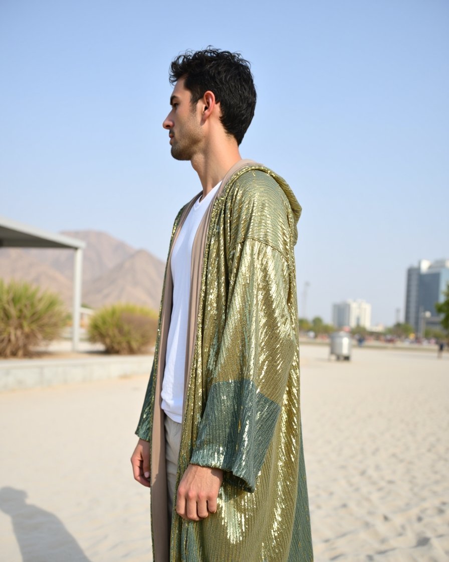 Kimono_Gold_Green_7 Sage Gold Mirage Hooded Kimono by Byndwear featuring sage green and champagne gold sequins