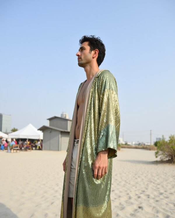Sage Gold Mirage Hooded Kimono by Byndwear featuring sage green and champagne gold sequins