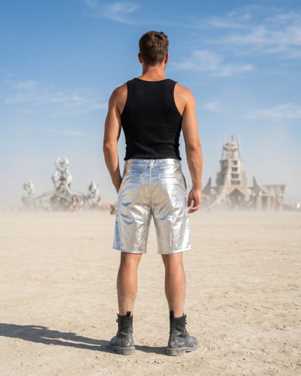 metallic silver festival shorts