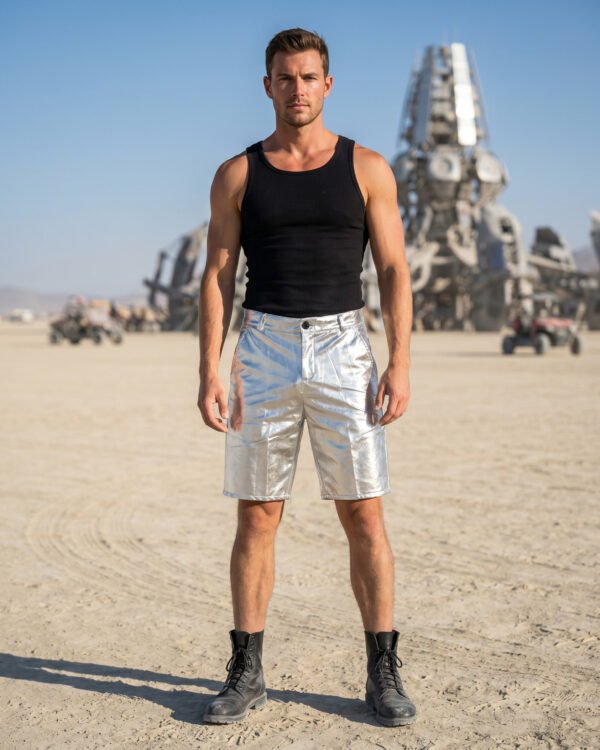 metallic silver festival shorts