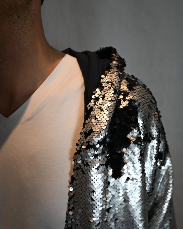 Silver_Matte_Kimono_Fabric Silver Black Matte Reversible Sequin Kimono